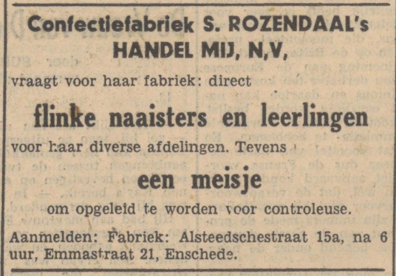Alsteedsestraat 15a Confectiefabriek S. Rozendaal's Handel Mij N.V. advertentie Tubantia 26-8-1947.jpg
