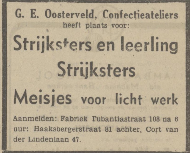 Tubantiastraat 108 Cort van der Lindenlaan 47 G.E. Oosterveld Confectieateliers advertentie Tubantia 24-4-1948.jpg