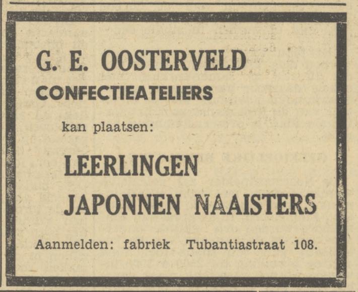 Tubantiastraat 108 Confectieateliers G.E. Oosterveld advertentie Tubantia 4-1-1950.jpg