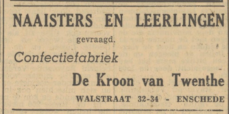 Walstraat 32-34 Confectiefabriek De Kroon van Twenthe advertentie Tubantia 21-8-1950.jpg