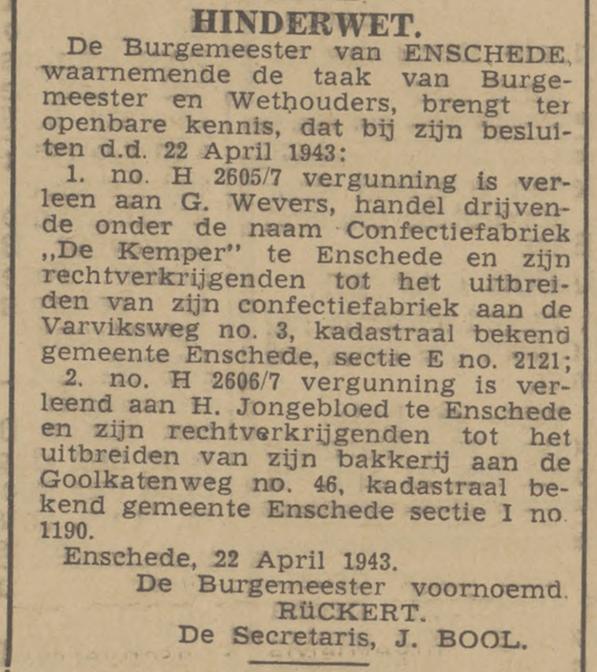 Varviksweg 3 Confectiebedrijf De Kemper G. Wevers advertentie Hinderwet Twentsch nieuwsblad 24-4-1943.jpg