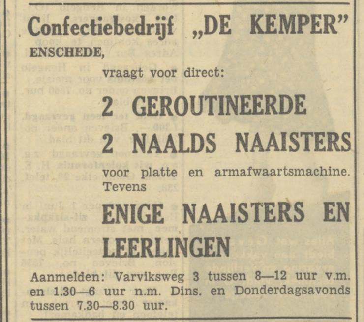 Varviksweg 3 Confectiebedrijf De Kemper advertentie Tubantia 16-5-1950.jpg