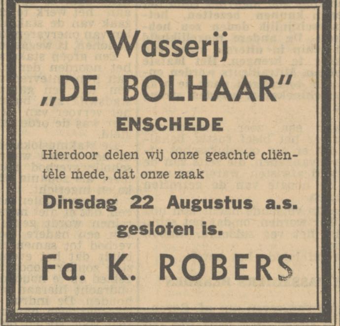 Deurningerstraat Fa. K. Robers wasserij Bolhaar advertentie Tubantia 18-8-1950.jpg