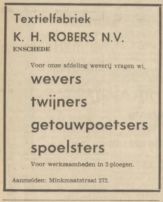 Minkmaatstraat 272 Textielfabriek K.H. Robers N.V. afdeling weverij advertentie Tubantia 22-5-1970.jpg
