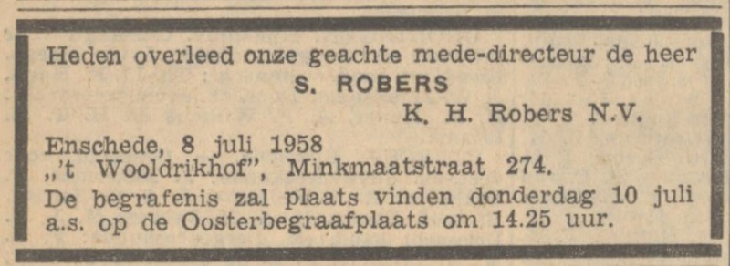 Minkmaatstraat S. Robers mede-directeur K.H. Robers N.V. overlijdensadvertentie Algemeen Handelsblad 9-7-1958.jpg