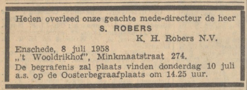 Minkmaatstraat S. Robers mede-directeur K.H. Robers N.V. overlijdensadvertentie Algemeen Handelsblad 9-7-1958.jpg
