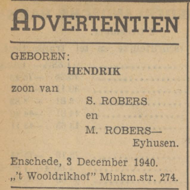 Minkmaatstraat 274 't Wooldrikhof S. Robers advertentie Tubantia 3-12-1940.jpg