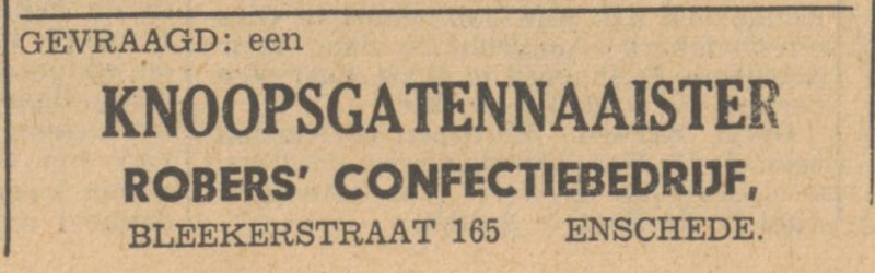 Blekerstraat 165 Robers Confectiebedrijf advertentie 10-2-1949.jpg