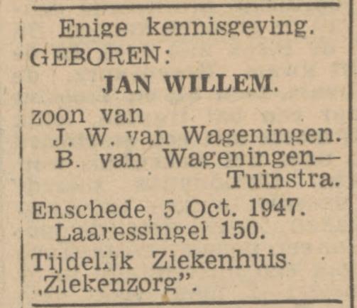 Laaressingel 150 J.W. van Wageningen advertentie Tubantia 6-10-1947.jpg