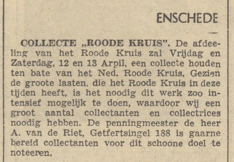 Getfertsingel 188 A. van de Riet penningmeester Ned. Rode Kruis krantenbericht 4-4-1940.jpg