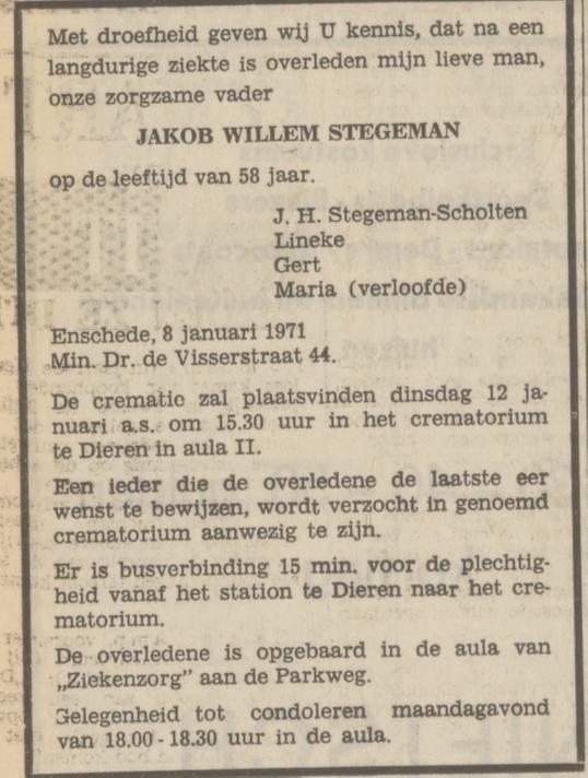 Minister Dr. de Visserstraat 44 J.W. Stegeman overlijdens advertentie Tubantia 9-1-1971.jpg
