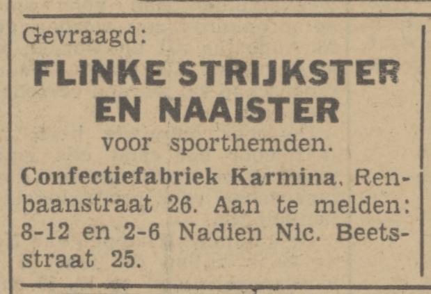 Renbaanstraat 26 Confectiefabriek Karmina krantenbericht Tubantia 27-5-1942.jpg