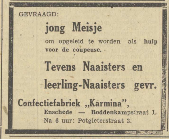 Boddenkampstraat 1 Confectiefabriek Karmina advertentie Tubantia 4-2-1950.jpg