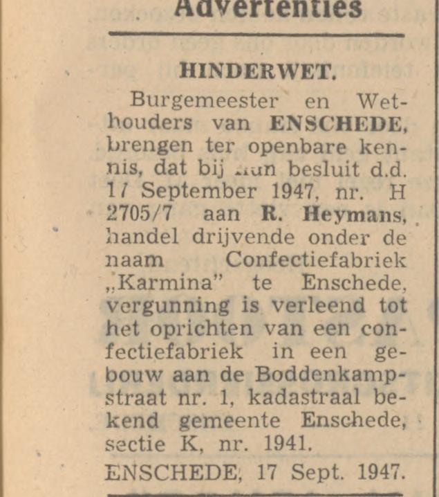 Boddenkampstraat 1 Confectiefabriek Karmina advertentie Tubantia 19-9-1947.jpg
