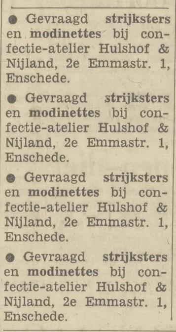 2e Emmastraat 1 Confectie atelier Hulshof & Nijland advertentie Tubantia 14-9-1966.jpg