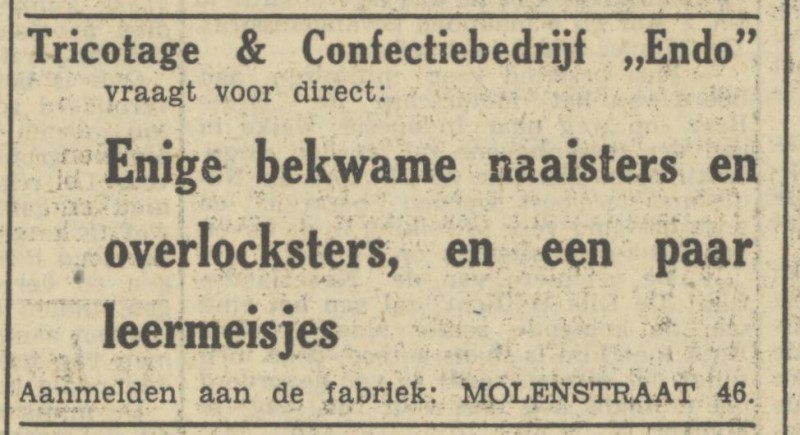 Molenstraat 46 Tricotage- en Confectiebedrijf ENDO advertentie Tubantia 28-4-1950.jpg