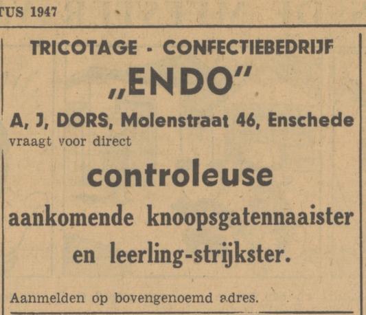 Molenstraat 46 Confectiebedrijf ENDO A.J. Dors advertentie Tubantia 7-8-1947.jpg