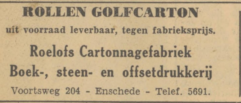 Voortsweg 204 cartonnagefabriek Boek-, steen- en offsetdrukkerij  G.A. Roelofs N.V. advertentie Tubantia 13-9-1951.jpg