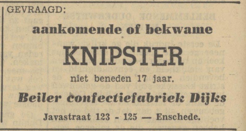 Javastraat 123-125 Beiler confectiefabriek Dijks advertentie Tubantia 26-1-1951.jpg