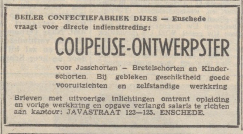 Javastraat 123-125 Beiler confectiefabriek Dijks advertentie Trouw 17-2-1950.jpg
