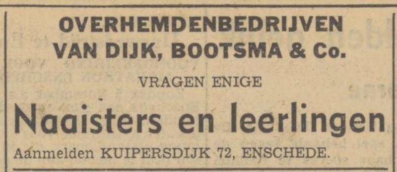 Kuipersdijk 72 Overhemdenbedrijf van Dijk, Bootsma & Co. advertentie Tubantia 16-10-1950.jpg