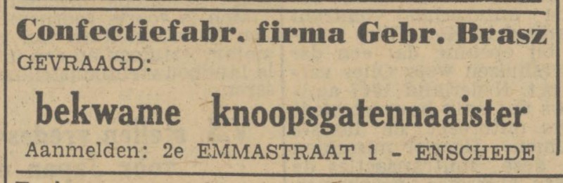 2e Emmastraat 1 Confectiefabriek Fa. Gebr. Brasz advertentie Tubantia 7-2-1951.jpg
