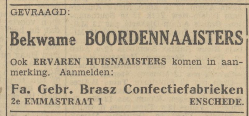 2e Emmastraat 1 Confectiefabriek Fa. Gebr. Brasz advertentie Tubantia 13-12-1950.jpg