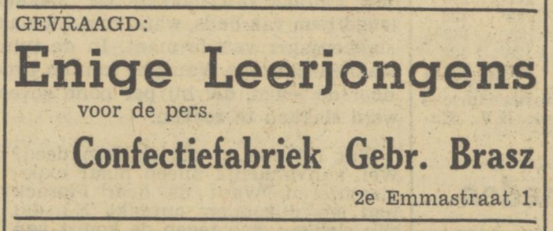 2e Emmastraat 1 Confectiefabriek Fa. Gebr. Brasz advertentie Tubantia 12-6-1950.jpg