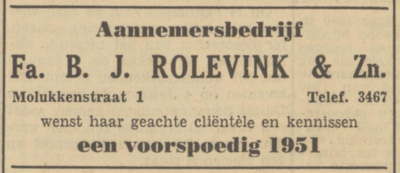 Molukkenstraat 1 Aannemersbedrijf Fa. B.J. Rolevink advertentie Tubantia 30-12-1950.jpg