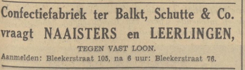 Blekerstraat 105 Ter Balkt, Schutte & Co.Confectiefabriek advertentie Tubantia 24-5-1939.jpg