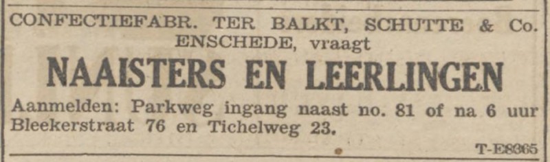 Parkweg naast 81, Blekerstraat 76, Tichelweg 23 Confectiefabriek Ter Bakt, Schutte & Co. advertentie Trouw 12-8-1946.jpg