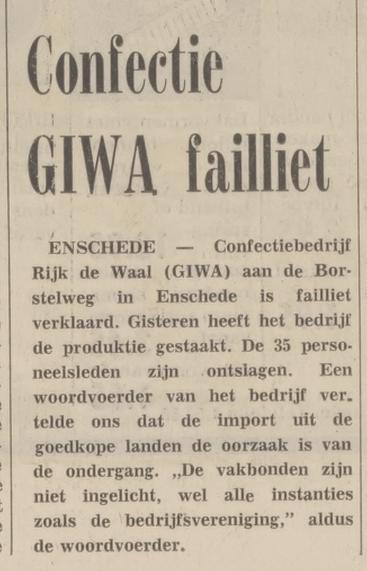 Borstelweg confectiebedrijf Rijk de Waal GIWA failliet. krantenbericht Tubantia 19-12-1974.jpg