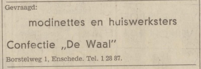 Borstelweg 1 Confectie De Waal advertentie Tubantia 30-1-1974.jpg