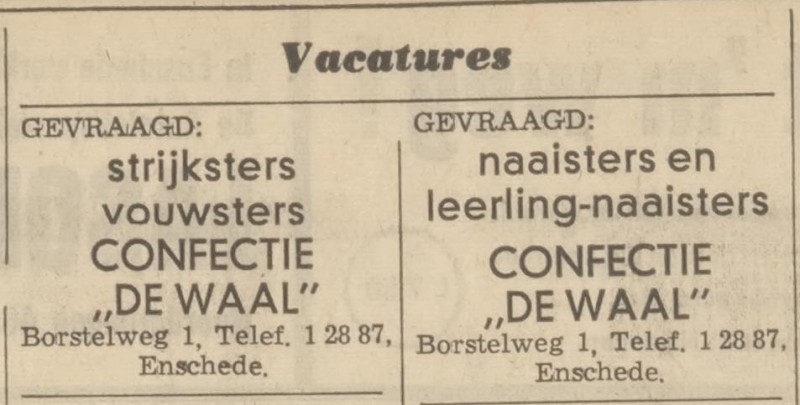Borstelweg 1 Confectie De Waal advertentie Tubantia 28-1-1966.jpg