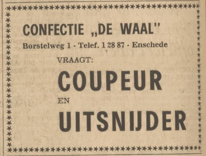 Borstelweg 1 Confectie De Waal advertentie Tubantia 19-1-1966.jpg