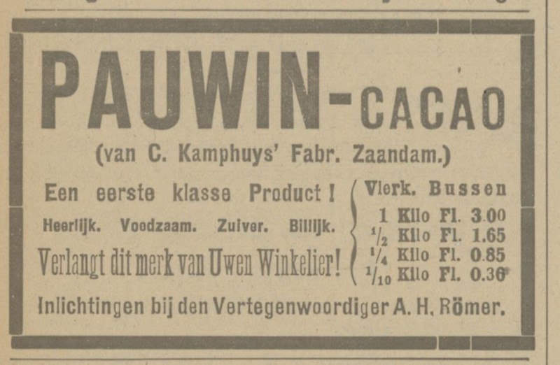 A.H. Römer vertegenwoordiger Pauwin cacao. advertentie Tubantia 21-5-1920.jpg