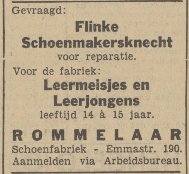 Emmastrat 190 schoenfabriek Rommelaar advertentie Tubantia 4-5-1942.jpg