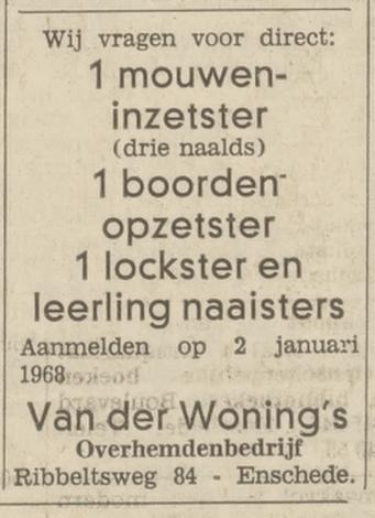 Ribbeltsweg 84 Van der Woning's overhemdenbedrijf advertentie Tubantia 29-12-1967.jpg