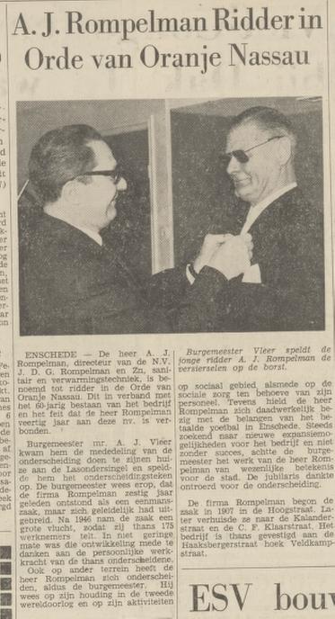 A.J. Rompelman directeur Ga. J.D.G. Rompelman Ridder in de Orde van Oranje Nassau. krantenbericht Tubantia 16-11-1967.jpg
