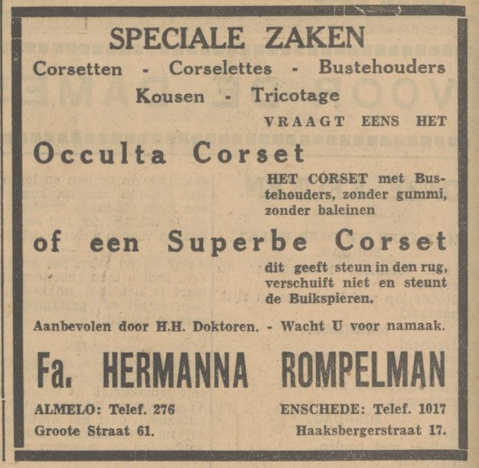 Haaksbergerstraat 17 Hermanna Rompelman speciaalzaak corsetten, kousen advertentie Tubantia 15-7-1932.jpg