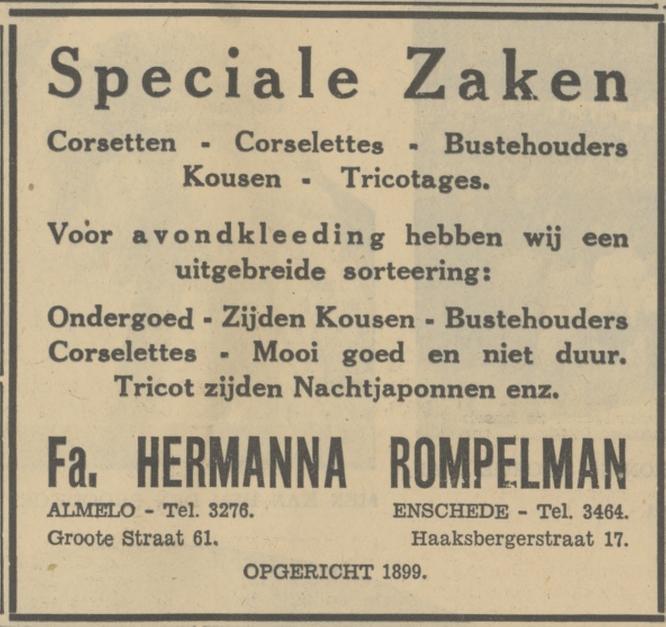 Haaksbergerstraat 17 Hermanna Rompelman speciaalzaak corsetten, kousen advertentie Tubantia 14-11-1935.jpg