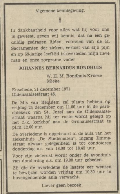 Oldenzaalsestraat 46 J.B. Rondhuis overlijdensadvertentie Tubantia 22-12-1971.jpg