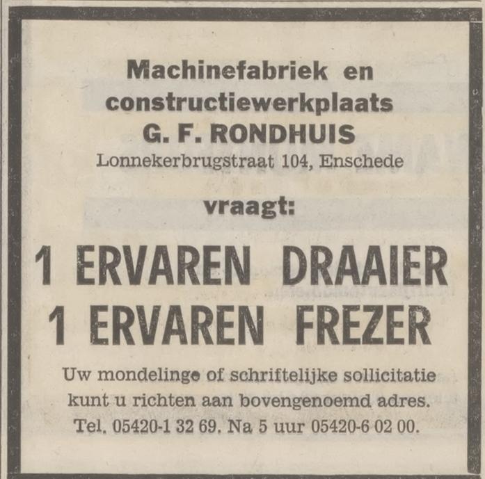 Lonnekerbrugstraat 104 Machinefabriek G.F. Rondhuis advertentie Tubantia 28-7-1973.jpg