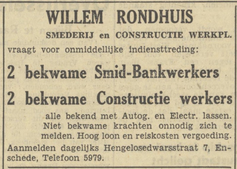 Hengelosedwarsst 7 smederij Willem Rondhuis advertentie Tubantia 14-1-1950.jpg