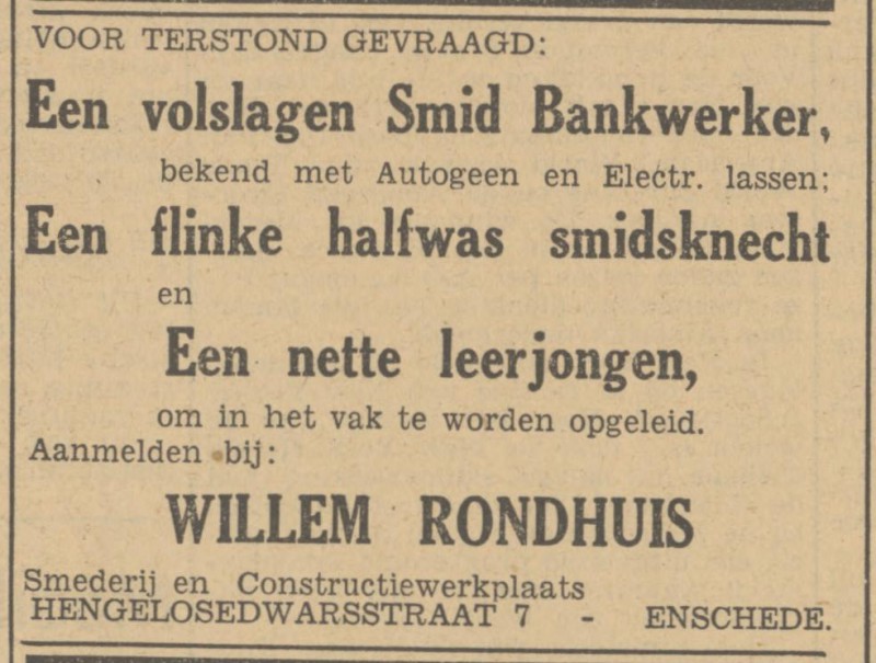 Hengelosedwarsst 7 smederij Willem Rondhuis advertentie Tubantia 9-10-1948.jpg