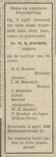 Kortenaerstraat 21 Dr. W.H. Roobol oogarts overlijdensadvertentie Tubantia 6-4-1966.jpg