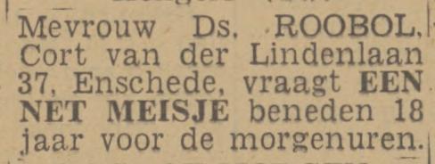 Cort van der Lindenlaan 37 Ds. Roobol advertentie Twentsch nieuwsblad 5-1-1943.jpg