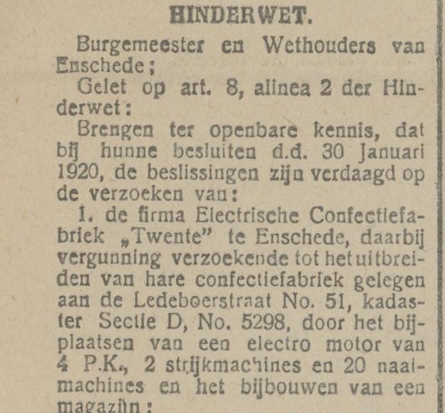 Ledeboerstraat 51 Confectiefabriek Twente krantenbericht Tubantia 4-2-1920.jpg