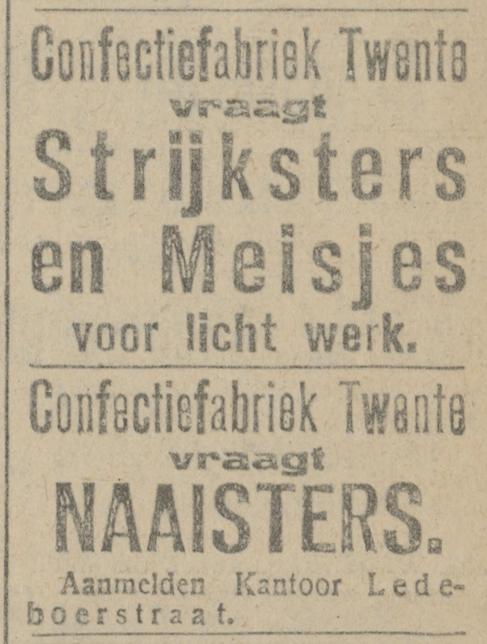 Ledeboerstraat kantoor Confectiefabriek Twente advertentie Tubantia 18-2-1920.jpg