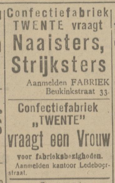 Beukinkstraat 33 confectiefabriek Twente kantoor Ledeboerstraat. advertentie Tubantia 14-5-1920.jpg